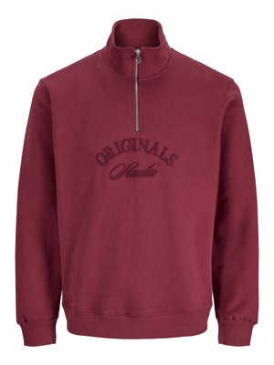 Burgundska zip-up dukserica s visokim ovratnikom, rebrastim manžetama i izvezenim tekstom "Originals Studio" na prednjoj strani. Mekana, teksturirana tkanina.