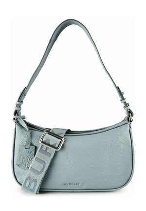 Sac à bandoulière en cuir texturé bleu clair avec une bandoulière réglable et une boucle argentée, avec le nom de la marque "Burkely" à l'avant.
