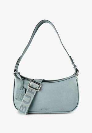 Lichtblauwe gestructureerde leren schoudertas met verstelbare riem en zilveren gesp, met merknaam "Burkely" aan de voorkant.