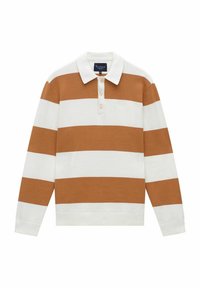 Brun och vit randig långärmad pikétröja med krage och tre knappar, tillverkad av bomullstrikå. Mjuk textur, avslappnad passform.