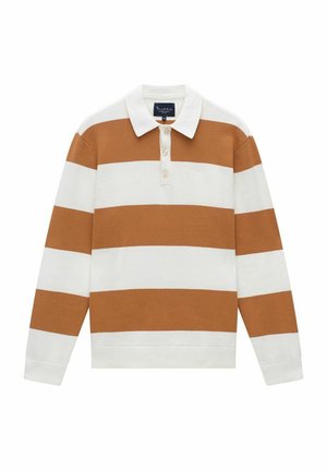 Bruin en wit gestreepte lange mouw polo shirt met kraag en drie knopen, gemaakt van katoen jersey. Zachte textuur, relaxed fit.