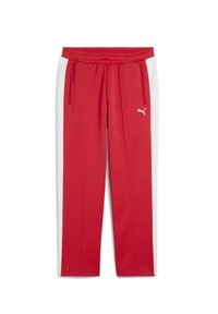 Røde atletiske bukser med hvide sidepaneler, elastisk talje og lynlås lommer. Har Puma-logo i hvidt foran. Fremstillet af glat stof.
