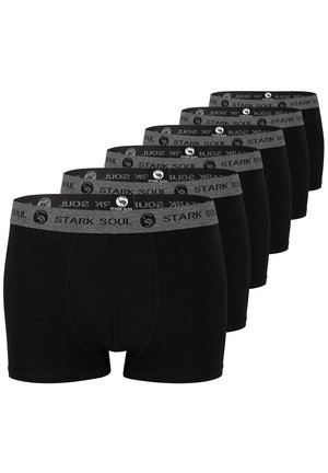 Schwarze Boxer-Shorts mit einem grauen elastischen Bund und Logo-Text. Der Stoff wirkt glatt und dehnbar, ideal für Komfort und Passform.