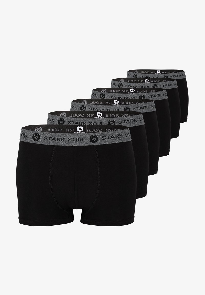 Boxer da uomo neri con una vita elastica grigia con testo logo. Il tessuto sembra liscio e elastico, ideale per comfort e vestibilità.