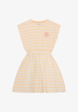 Lysebeige kjole med vandrette ferskenstriber, elastisk talje og lille lyserød broderet blomst på venstre bryst.