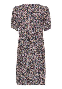 Rochie florala de culoare bleumarin, cu maneci scurte, decolteu rotund si talie stransa. Flori mici, multicolore, formeaza un model uniform pe intreaga suprafata.