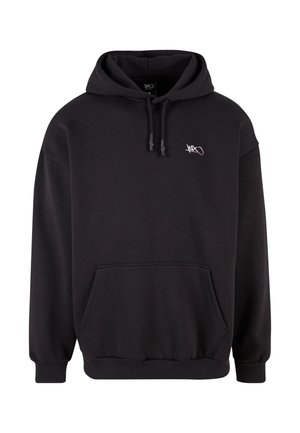 Black hoodie made of soft fabric, featuring a kangaroo pocket, drawstring hood, and a small white logo on the chest. Relaxed fit.