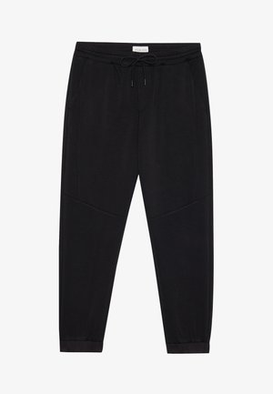 Black jogger pants made from soft fabric, featuring an elastic waistband with drawstring, side pockets, and tapered cuffs.
