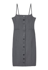 Graues ärmelloses Kleid aus strukturiertem Material, mit tailliertem Oberteil und geradem Rock, der mit einer Knopfleiste vorne und zwei seitlichen Taschen versehen ist.