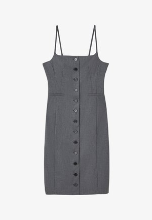 Graues ärmelloses Kleid aus strukturiertem Material, mit tailliertem Oberteil und geradem Rock, der mit einer Knopfleiste vorne und zwei seitlichen Taschen versehen ist.