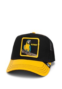 Gorra negra y amarilla con parte trasera de malla, que presenta un diseño bordado de loro en un parche cuadrado y la palabra "ROWDY". Visera amarilla curva.