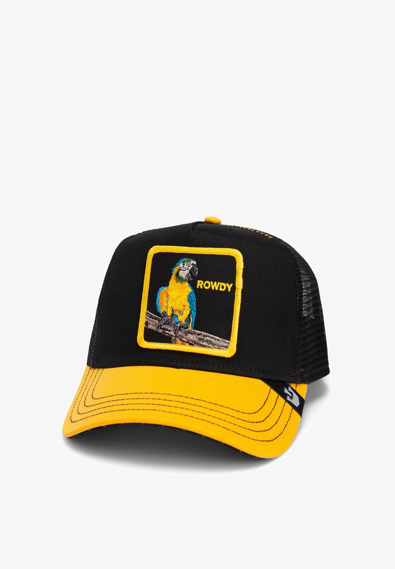 Gorra negra y amarilla con parte trasera de malla, que presenta un diseño bordado de loro en un parche cuadrado y la palabra "ROWDY". Visera amarilla curva.