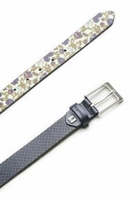 Floral-patterned watch strap in cream, purple, and green. Textured black strap with perforations, silver metal buckle, and embossed detail.