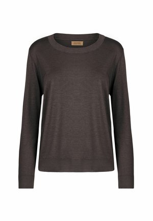 Brun strikket sweater med rund halsudskæring, lange ærmer, ribbede manchetter og lige kant. Blød tekstur med et rent, enkelt design.