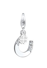 Sølv hestesko charm med klare sten, prydet med en firekløver detalje. Glat overflade, poleret finish og hængende design.