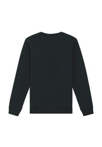 Black cotton sweatshirt with a crew neck. Features long sleeves, ribbed cuffs, and a smooth texture. Simple, solid color design.