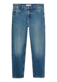 Niebieskie dżinsy z prostymi nogawkami, pięć kieszeni, subtelne przetarcia oraz zapięcie na guzik w pasie.