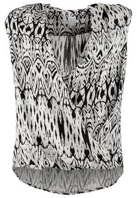 Czarno-biała bezrękawnik z fasonem owijanym, z abstrakcyjnym wzorem i lekko zakrzywionym dołem z tyłu. Lekki materiał.