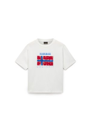 White cotton t-shirt with a relaxed fit featuring a graphic design in red and blue, including the words "NAPAPIJRI" and "geographic" prominently displayed.