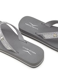 Gray flip-flop sandals with textured straps and a silver accent. Features a padded footbed and a white outline on the sole. "Venice Beach" logo displayed.