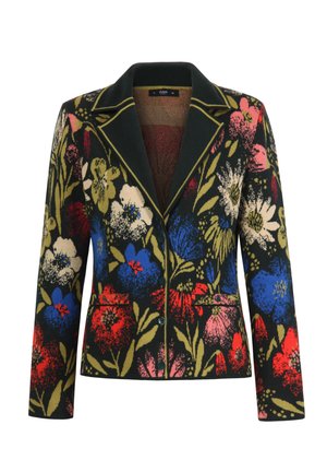 Blazer floreale con sfondo nero, che presenta fiori colorati in rosso, blu, rosa e verde, colletto a contrasto e due tasche frontali.