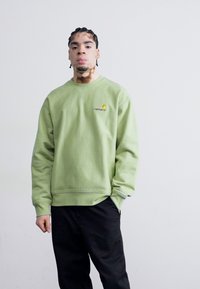 Lysegrøn sweatshirt med ribbede manchetter og nederste kant, der har et lille logo på brystet. Båret med sorte bukser mod en ensfarvet baggrund.