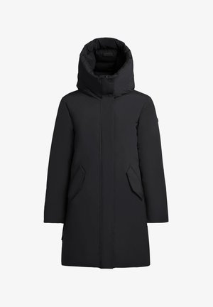 Must pufferjakk kõrge kraega, minimalistliku disainiga, kahe küljetaskuga ja sileda, mati tekstuuriga. Ees täislukuga sulgur.