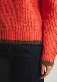 Pull en tricot d'un corail vif avec une texture côtelée. L'ourlet et les poignets bruns apportent un contraste, avec des manches ajustées et une coupe décontractée.