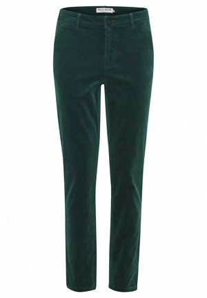 Zelene kordne hlače s slim fit krojem, z gumbnim zapiranjem in zankami za pas. Tkanina ima teksturiran, rebrast zaključek.