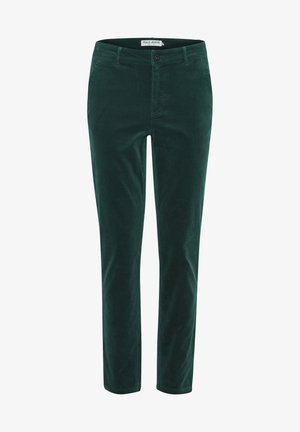 Grønne corduroy bukser med slim fit, der har en knaplukning og bæltestropper. Stoffet har en tekstureret, ribbet overflade.