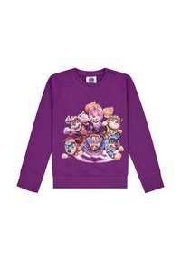 Sudadera de algodón morada con un gráfico frontal de personajes de dibujos animados de "Paw Patrol", con colores vibrantes y detalles en sus atuendos.