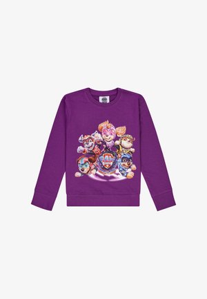 Felpa di cotone viola con una grafica frontale di personaggi dei cartoni animati di "Paw Patrol", con colori vivaci e dettagli sugli abiti.