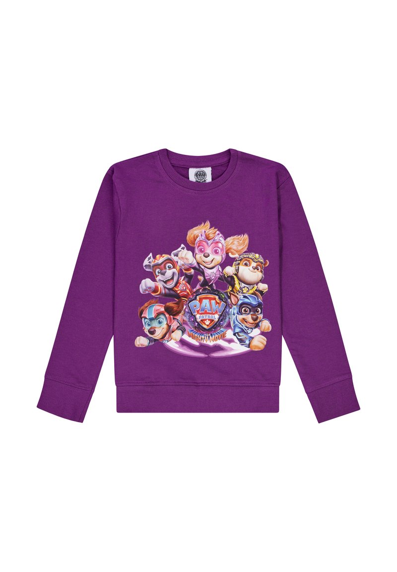 Sudadera de algodón morada con un gráfico frontal de personajes de dibujos animados de "Paw Patrol", con colores vibrantes y detalles en sus atuendos.