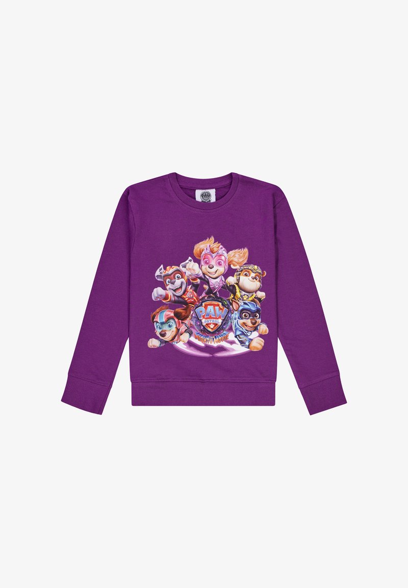 Sudadera de algodón morada con un gráfico frontal de personajes de dibujos animados de "Paw Patrol", con colores vibrantes y detalles en sus atuendos.