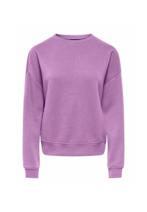 Sweat-shirt violet uni à col rond avec manches longues et bord-côtes aux poignets, à l'ourlet et à l'encolure sur fond blanc.