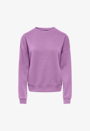 Sweat-shirt violet uni à col rond avec manches longues et bord-côtes aux poignets, à l'ourlet et à l'encolure sur fond blanc.