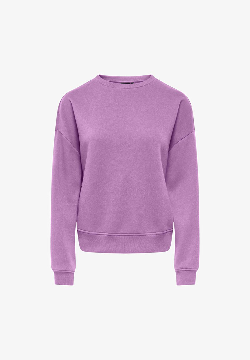 Sweat-shirt violet uni à col rond avec manches longues et bord-côtes aux poignets, à l'ourlet et à l'encolure sur fond blanc.