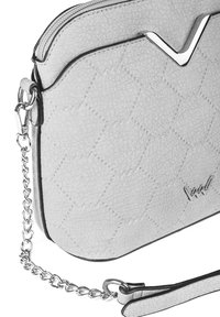 Gray textured handbag with diamond pattern, silver hardware, zippered closure, and detachable chain strap. Features a prominent V-shaped accent.
