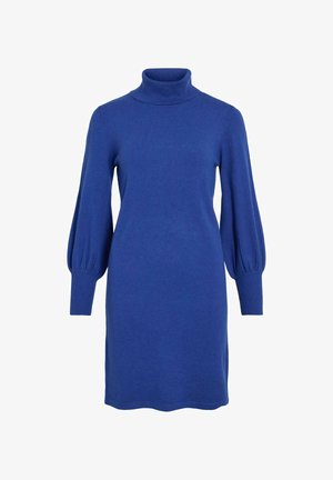 Modrá pletená šaty s vysokým výstrihom, dlhými balónovými rukávmi a rebrovanými manžetami. Hladká textúra s jednoduchou, čistou siluetou.