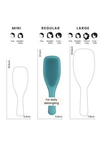 Kolme harjakokoa, joissa mitat ja hiustyyppi-ikonit: Mini hienoille, suorille-aaltoileville hiuksille; Tavallinen hienoille, suorille-aaltoileville ja kiharoille hiuksille; Iso sopii paksuille, pitkille hiuksille.
