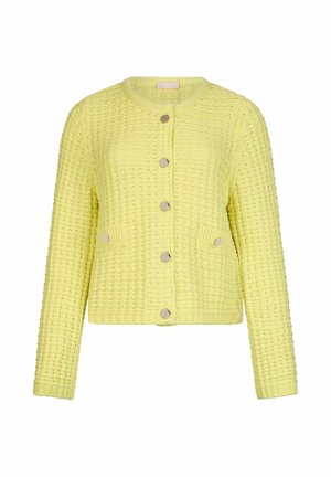 Cardigan tricoté vert citron avec un motif texturé, col rond, manches longues et fermetures par boutons argentés. Deux poches avant incluses.