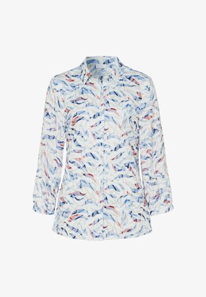 Leichtes Langarmhemd mit einem wellenförmigen Muster in Blau, Rot und Weiß. Verfügt über einen klassischen Kragen und eine durchgehende Knopfleiste. Weiche Textur.