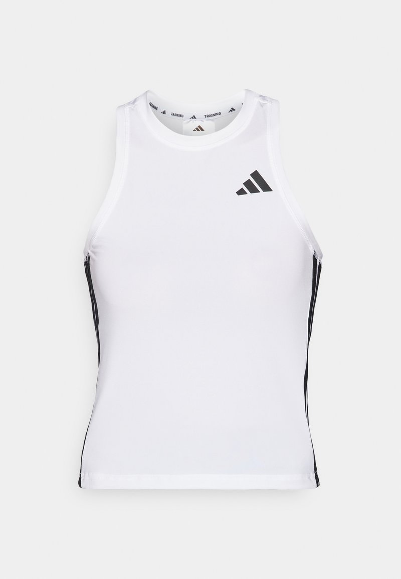 Top da allenamento bianco con dettagli neri ai lati e logo. Caratterizzato da scollatura a girocollo e design aderente, realizzato in materiale leggero e traspirante.