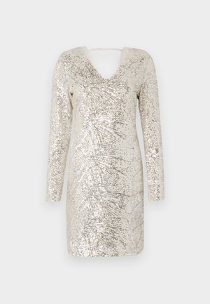 Sequin dress with long sleeves, V-neckline, and an open back. Silver and beige tones create a shimmering pattern throughout.