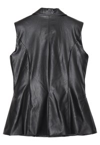 Gilet senza maniche in eco-pelle nera con colletto, design aderente e cuciture sul retro. Presenta una leggera lucentezza e una texture liscia.