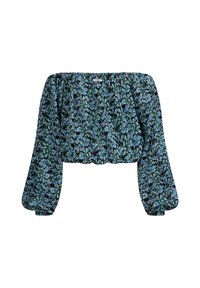 Blusa cropped off-the-shoulder in tessuto scuro con motivo floreale blu. Presenta maniche lunghe a sbuffo e vita arricciata. Realizzata in materiale leggero.