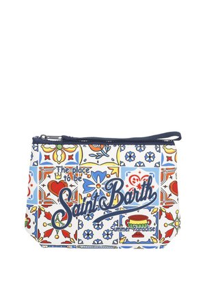 Piccola pochette colorata con cerniera con motivi floreali e a cuore e testo "The place to be Saint Barth Summer Paradise".