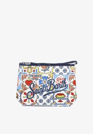 Piccola pochette colorata con cerniera con motivi floreali e a cuore e testo "The place to be Saint Barth Summer Paradise".