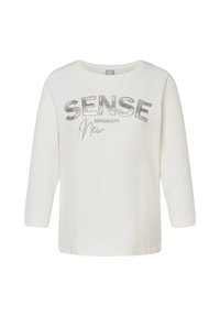 Weißes langärmeliges Hemd mit Rundhalsausschnitt und silbernem Schriftzug "SENSE Sensibility New" auf der Vorderseite.