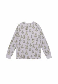 Light purple long-sleeve shirt featuring a repeating print of cartoon rabbits and cacti. Soft fabric, round neck, and cuffed sleeves.
